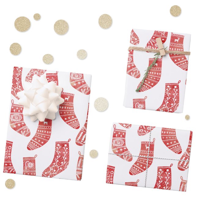 Nordic Stockings Red and White Wrapping Paper Sheet (Nordic stockings red and white Scandinavian Christmas pattern gift wrapping paper )