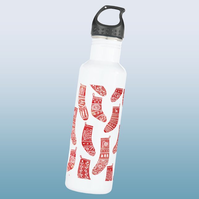 Nordic Stockings Red White 710 Ml Water Bottle (Nordic Stockings red and white Scandinavian festive Christmas pattern water bottle)