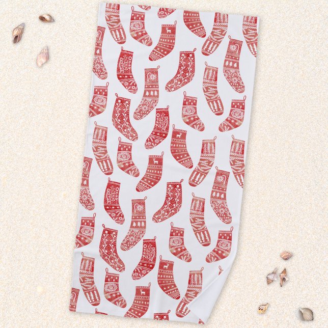 Nordic Stockings Red White Beach Towel (Nordic Stockings red and white Scandinavian festive Christmas pattern beach towel)