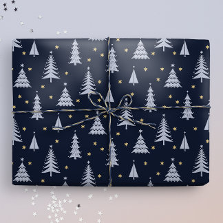 Nordic Stone Blue-Grey Christmas Trees Dark Wrapping Paper