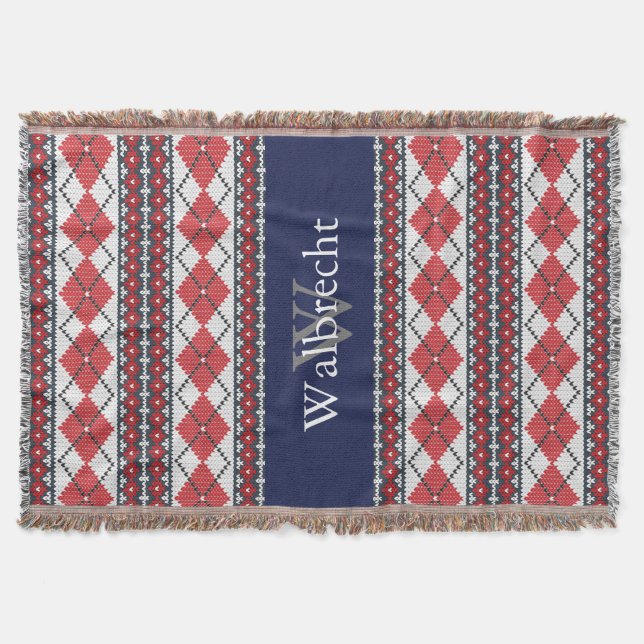 Nordic Style Fair Isle Argyle Red and Blue Throw Blanket (Front)