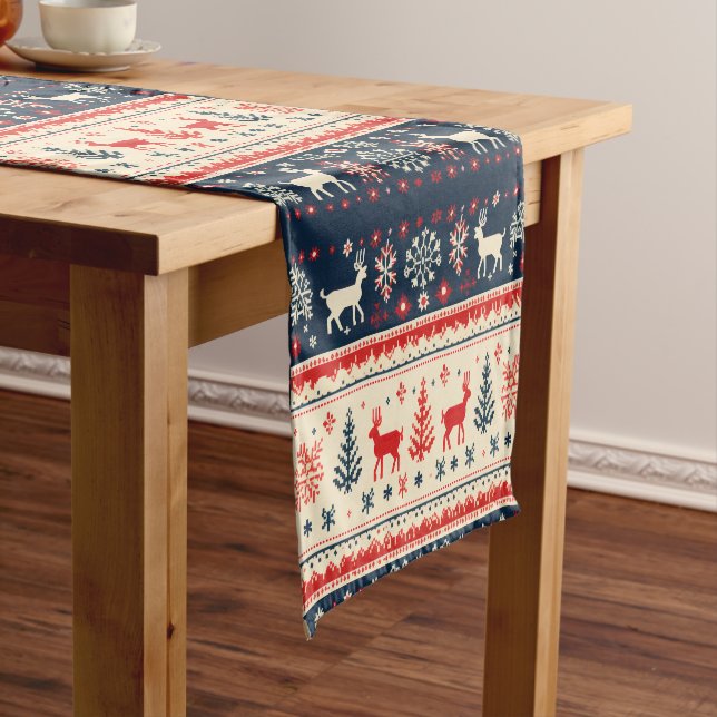 Nordic Style Reindeer Christmas Tree Pattern Short Table Runner (In Situ)