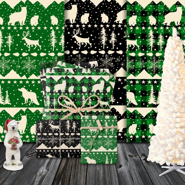 Nordic Sweater Beige Green Plaid Winter Animals Wrapping Paper Sheet (Nordic Sweater Beige Green Plaid Winter Animals Wrapping Paper Sheets)