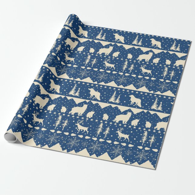 Nordic Sweater Beige Winter Animals Navy Blue Wrapping Paper (Unrolled)
