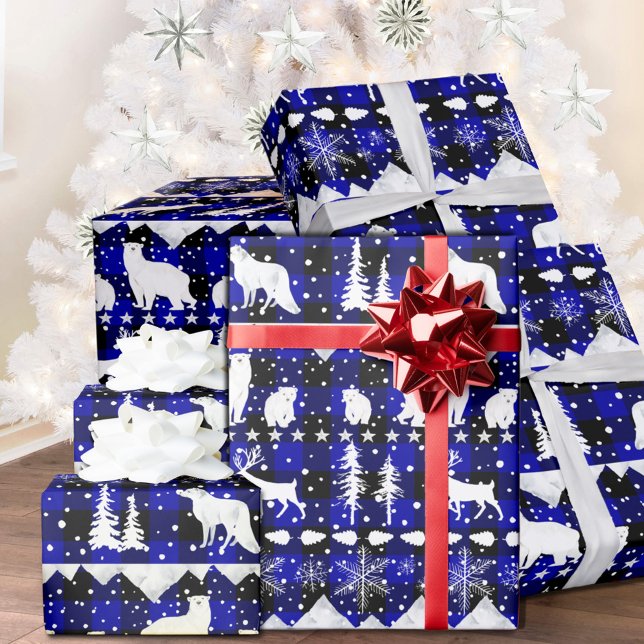 Nordic Sweater Blue Buffalo Plaid Winter Animals Wrapping Paper (Nordic Sweater Blue Black Buffalo Plaid White Winter Animals Christmas Holiday Wrapping Paper Rolls)
