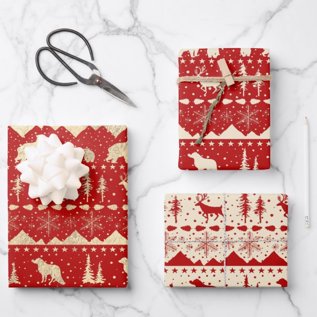 Nordic Sweater Gold Beige Red Winter Animals Wrapping Paper Sheet (Front)