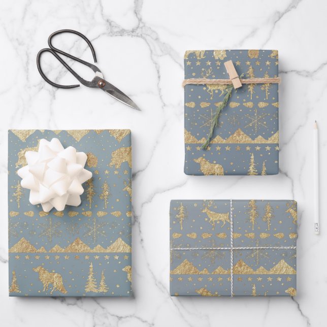 Nordic Sweater Gold Winter Animals 3 Shades Grey Wrapping Paper Sheet (Front)
