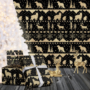 Nordic Sweater Gold Winter Animals Black Wrapping Paper