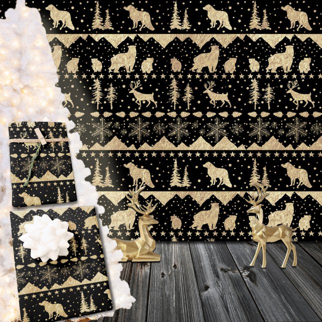 Nordic Sweater Gold Winter Animals Black Wrapping Paper Sheet (Nordic Sweater Gold Winter Animals Black Christmas Holiday Gift Wrapping Paper Sheets Trio)