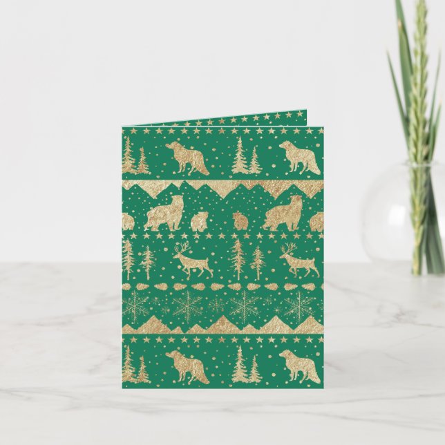Nordic Sweater Gold Winter Animals Forest Green Holiday Card (Front)