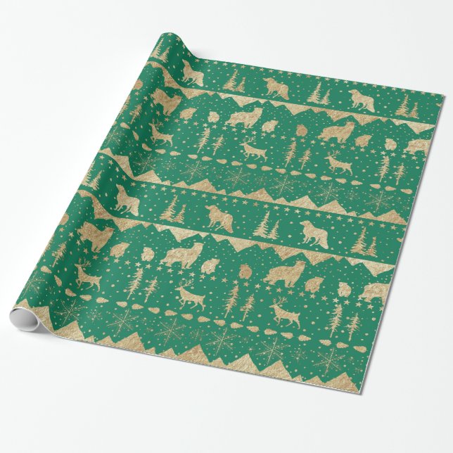 Nordic Sweater Gold Winter Animals Forest Green Wrapping Paper (Unrolled)