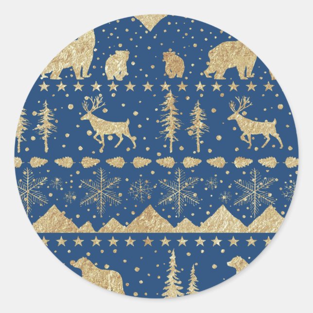 Nordic Sweater Gold Winter Animals Navy Blue Classic Round Sticker (Front)