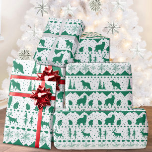 Nordic Sweater Green Winter Animals White Wrapping Paper