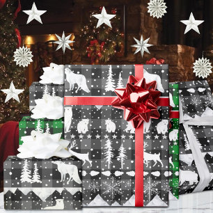 Nordic Sweater Grey Plaid White Winter Animals Wrapping Paper
