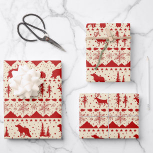 Nordic Sweater Holiday Red Beige Winter Animals Wrapping Paper Sheet