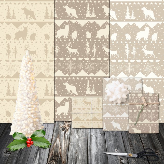 Nordic Sweater Neutral Kraft Beige Winter Animals Wrapping Paper Sheet (Winter Spruce Pine Branch Cones Red Ilex Berries Gift Wrapping Paper Christmas Holiday Sheets Trio)