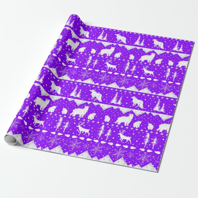 Nordic Sweater Purple & White Winter Animals Wrapping Paper (Unrolled)