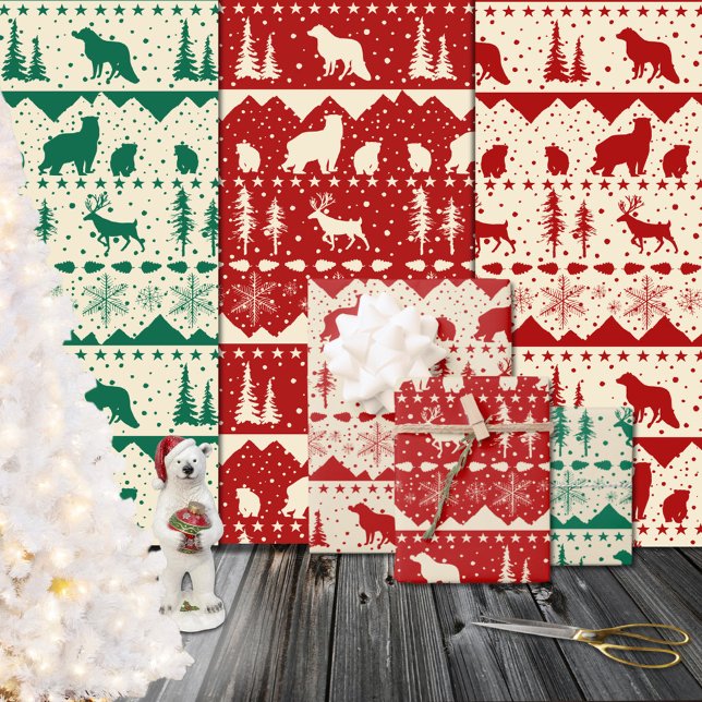 Nordic Sweater Red Green & Beige Winter Animals Wrapping Paper Sheet (Nordic Sweater Red Green & Beige Winter Animals Christmas Holiday Gift Wrapping Paper Sheets)