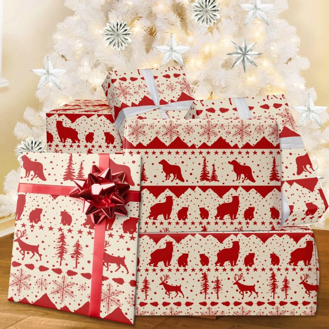 Nordic Sweater Red Winter Animals Creamy Beige Wrapping Paper (Nordic Sweater Creamy White & Red Winter Animals Christmas Holiday Wrapping Paper Rolls)
