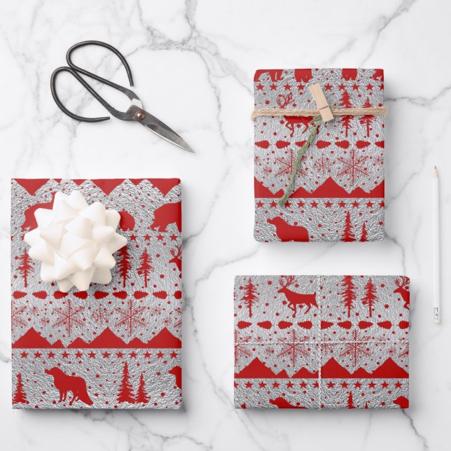 Nordic Sweater Red Winter Animals Silver Ripple Wrapping Paper Sheet (Front)