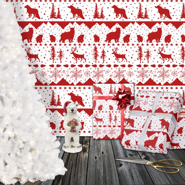  Nordic Sweater Red Winter Animals White Wrapping Paper (Nordic Sweater Red Winter Animals White Christmas Holiday Gift Wrapping Paper Rolls)