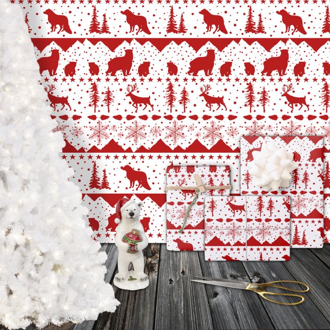 Nordic Sweater Red Winter Animals White Wrapping Paper Sheet (Nordic Sweater Red Winter Animals White Christmas Holiday Gift Wrapping Paper Sheets Trio)