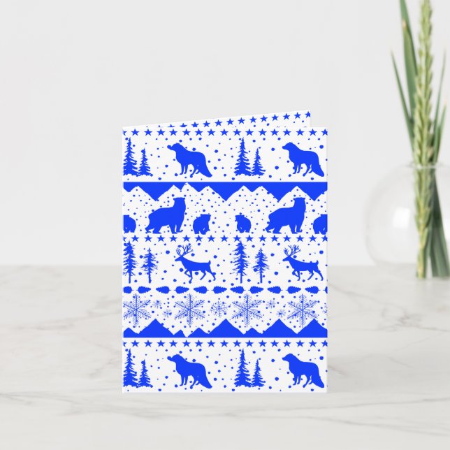 Nordic Sweater Royal Blue White Winter Animals Holiday Card (Front)