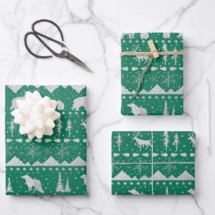 Nordic Sweater Silver Winter Animals Forest Green Wrapping Paper Sheet