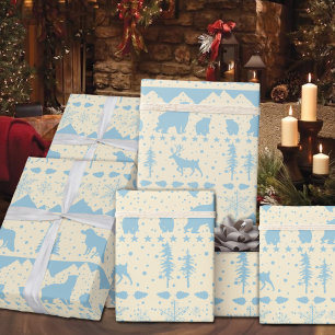 Nordic Sweater Sky Blue Winter Animals Beige Wrapping Paper