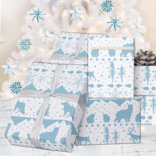 Nordic Sweater Sky Blue Winter Animals White Wrapping Paper