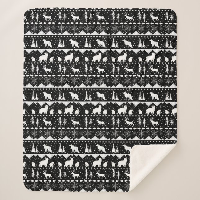 Nordic Sweater White Winter Animals Black Sherpa Blanket (Front)