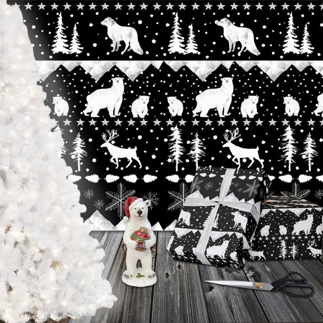 Nordic Sweater White Winter Animals Black Wrapping Paper (Nordic Sweater White Winter Animals Black Christmas Holiday Gift Wrapping Rolls)