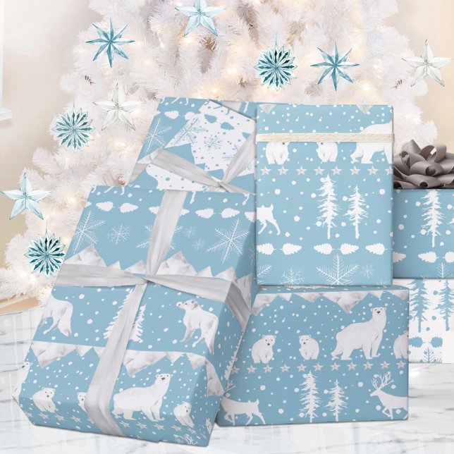 Nordic Sweater White Winter Animals Blue Sky Wrapping Paper (Nordic Sweater Blue & White Winter Animals Christmas Holiday Wrapping Paper Rolls)