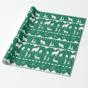 Nordic Sweater White Winter Animals Forest Green Wrapping Paper