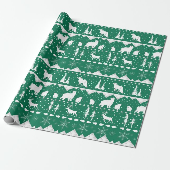 Nordic Sweater White Winter Animals Forest Green Wrapping Paper (Unrolled)