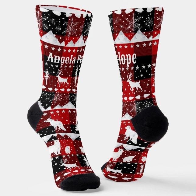 Nordic Sweater Winter Animals Buffalo Plaid Name Socks (Angled)