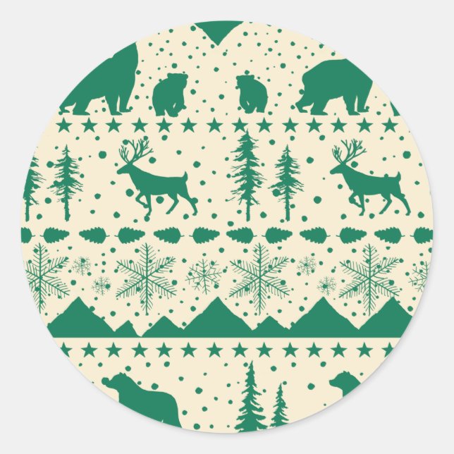 Nordic Sweater Winter Animals Forest Green Classic Round Sticker (Front)