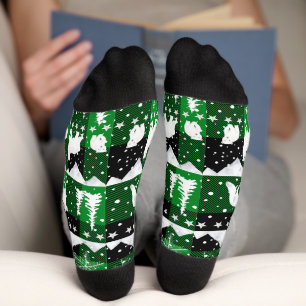 Nordic Sweater Winter Animals Green Buffalo Plaid Socks