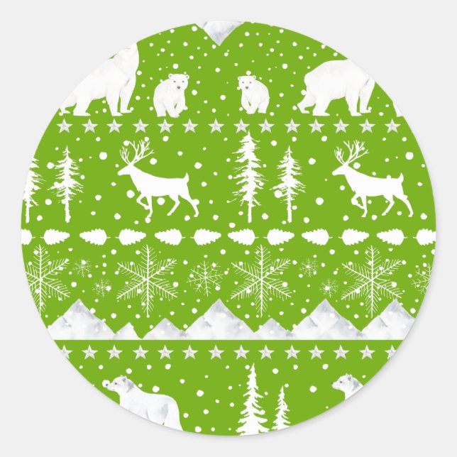 Nordic Sweater Winter Animals Lime Green And White Classic Round Sticker (Front)