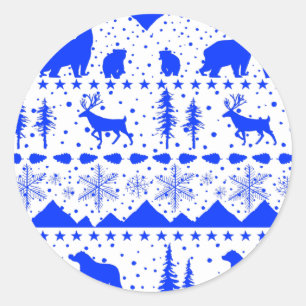Nordic Sweater Winter Animals Royal Blue & White Classic Round Sticker