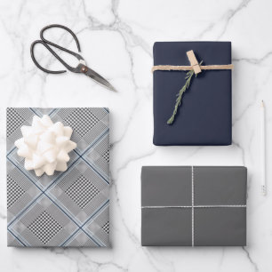 Nordic Tartan Blue Grey Black Pattern Wrapping Paper Sheet