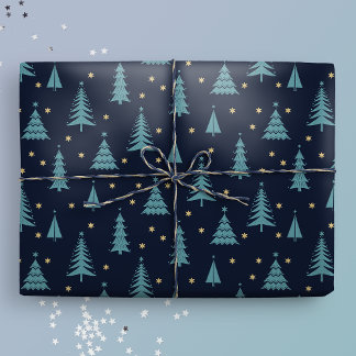 Nordic Teal Christmas Trees Dark Wrapping Paper