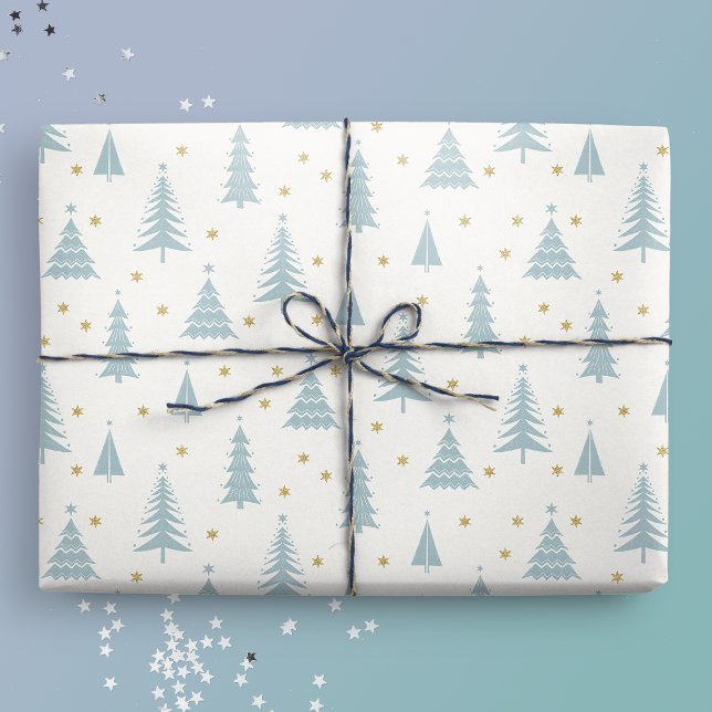 Nordic Teal Christmas Trees White Wrapping Paper (Creator Uploaded)