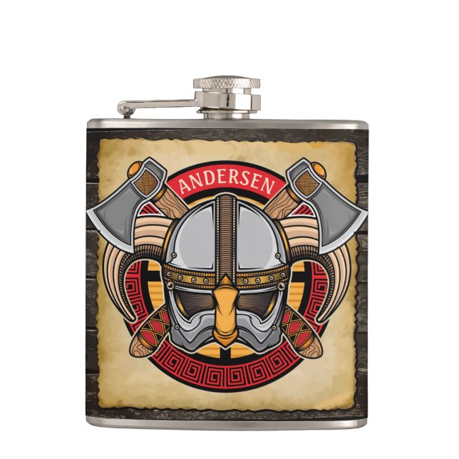 Nordic Viking Warrior ADD NAME Norse Axe Norsemen Hip Flask (Front)