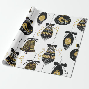 Nordic Vintage Black & Gold Ornaments Wrapping Paper