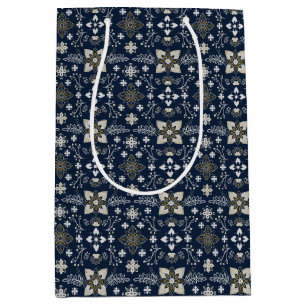 Nordic white and gold flowers on blue background  medium gift bag