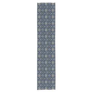 Nordic white and gold flowers on blue background  short table runner