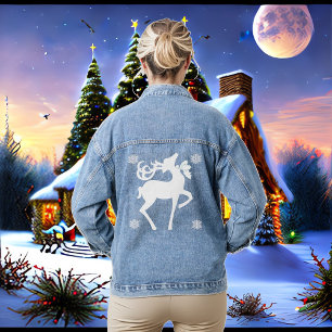 Nordic White Reindeer Winter Snowflakes Elegant  Denim Jacket