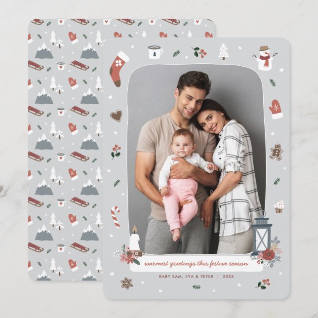 Nordic Winter Christmas Holiday Village Photo Card (Front/Back)