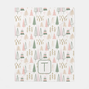 Nordic Winter Christmas Trees Sage Blush Monogram Fleece Blanket